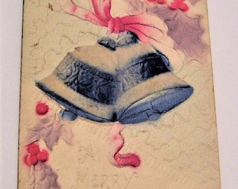 Vintage Christmas Postcard Embossed Blue Bells and Holly Leaves - Hand Tinted