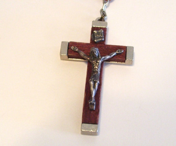 Vintage Rosary INRI Crucifix Italy Wooden Cross Plastic Beads