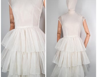 Vintage 50's White Tiered Wedding Party Midi Dress Sz XXS 1950s