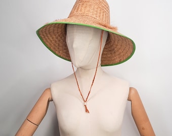 Cappello da spiaggia vintage anni '50 in paglia con dettagli in rafia, anni '50