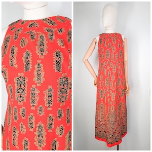 Vintage 70&#39;s Burnt Orange Retro Tribal Print Maxi Dress Sz M 1970s
