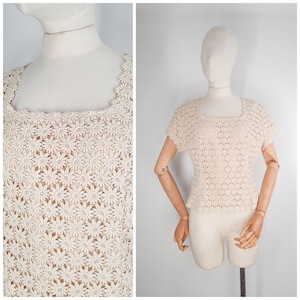 Vintage 50&#39;s Cream Lace Flower Blouse Top Shirt by &#39;Janet Cotton&#39; Sz XL 1950s VOLUP