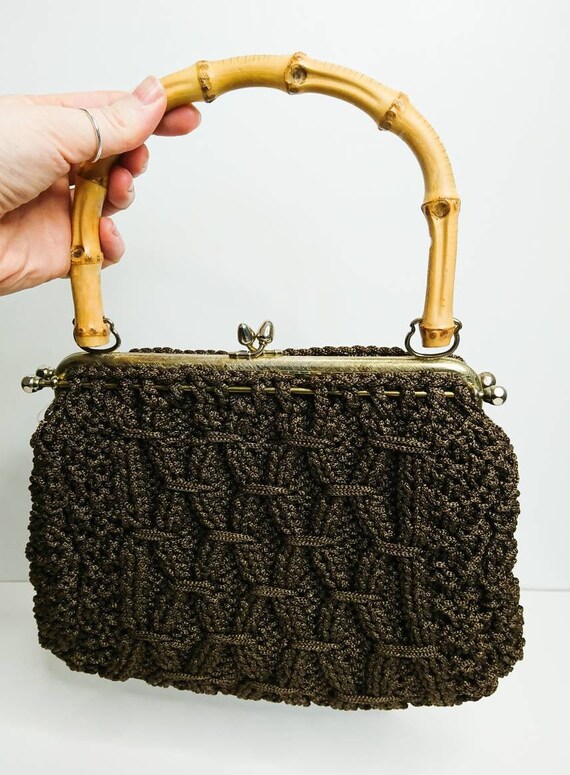 Vintage 60's Brown Crochet Bamboo Handled Bag