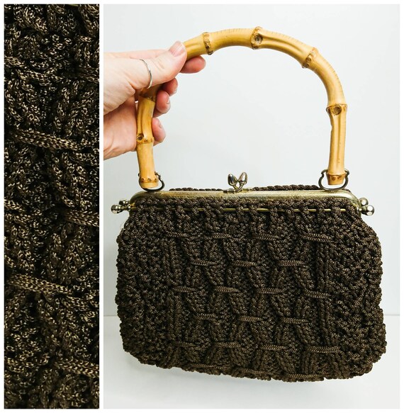 Vintage 60's Brown Crochet Bamboo Handled Bag