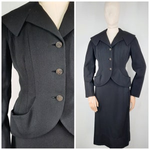 Vintage 40's Black Fitted Skirt Suit by 'John Howard' Jacket Blazer Sz XXS to XS 1940s