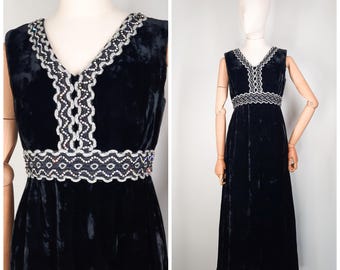 Vintage 60's Glam Black Velvet  & Silver Details Maxi Dress XS 1960s
