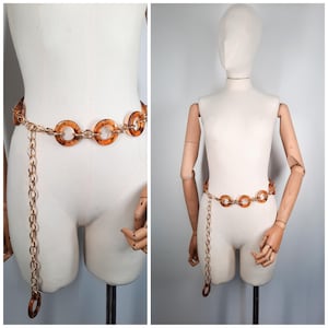Vintage 60&#39;s / 70&#39;s Gold Tone & Faux Amber Chain Hip Belt Adjustable One Size 1970s 1960s