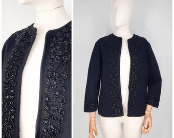 Chaqueta cárdigan con cuentas negras vintage de los años 50, suéter, talla XL, años 50