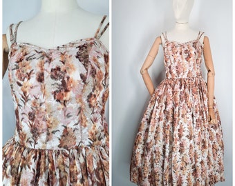 Vintage 50's Pink & Bronze Floral Evening Cocktail Dress Gown Sz XS 1950s