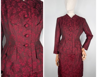 Vintage 50's Red Patterned Fitted Skirt Suit Jacket Blazer Sz S 1950s Petite
