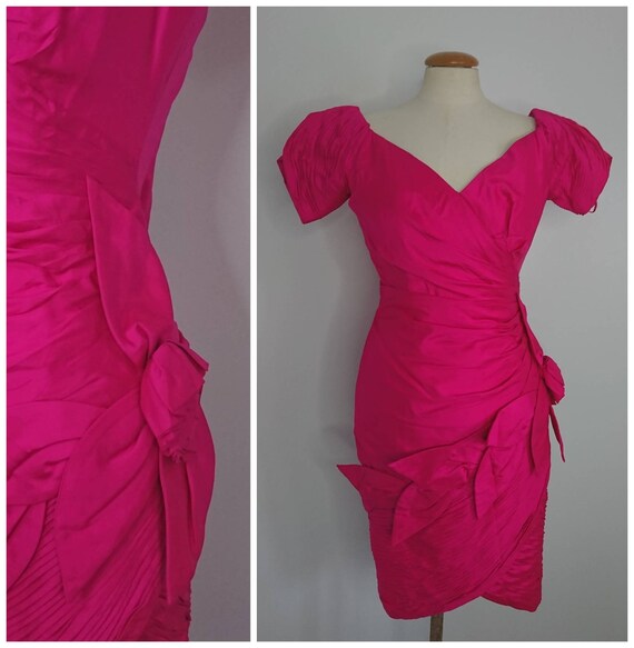 Vintage 80's Hot Pink Silk Mini Dress Sz XXS