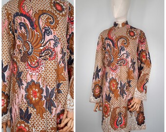 Vintage 70&#39;s Brown Indian Block Print Cotton Dress with Bell Sleeves Sz M 1970s