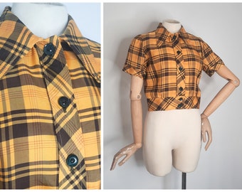 Vintage 40's Mustard Yellow & Brown Checked Top Blouse with Green Bakerlite Buttons Sz S 1940s