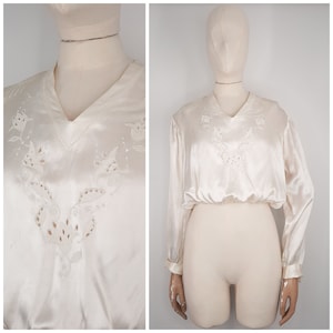 Vintage 30&#39;s / 40&#39;s White Liquid Satin Top Blouse Sz XS to S 1940s 1930s