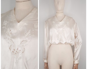 Vintage 30's / 40's White Liquid Satin Top Blouse Sz XS to S 1940s 1930s