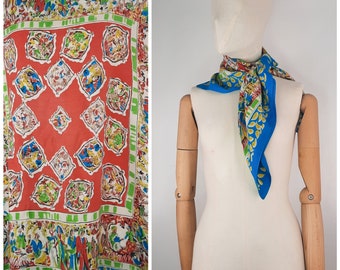 Vintage 40's Bold Arabian Scene Print Large Scarf in Red, Blue & Greens 1940s