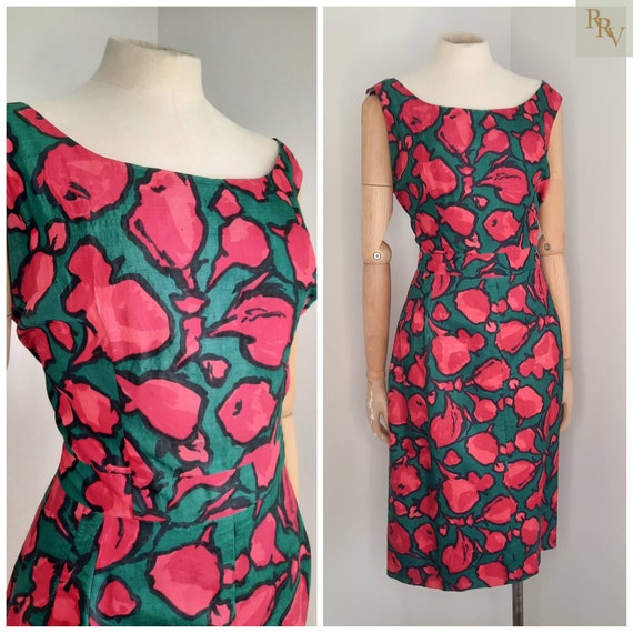 Vintage 50's/ 60's Bold Green & Red Wiggle Dress … - image 1