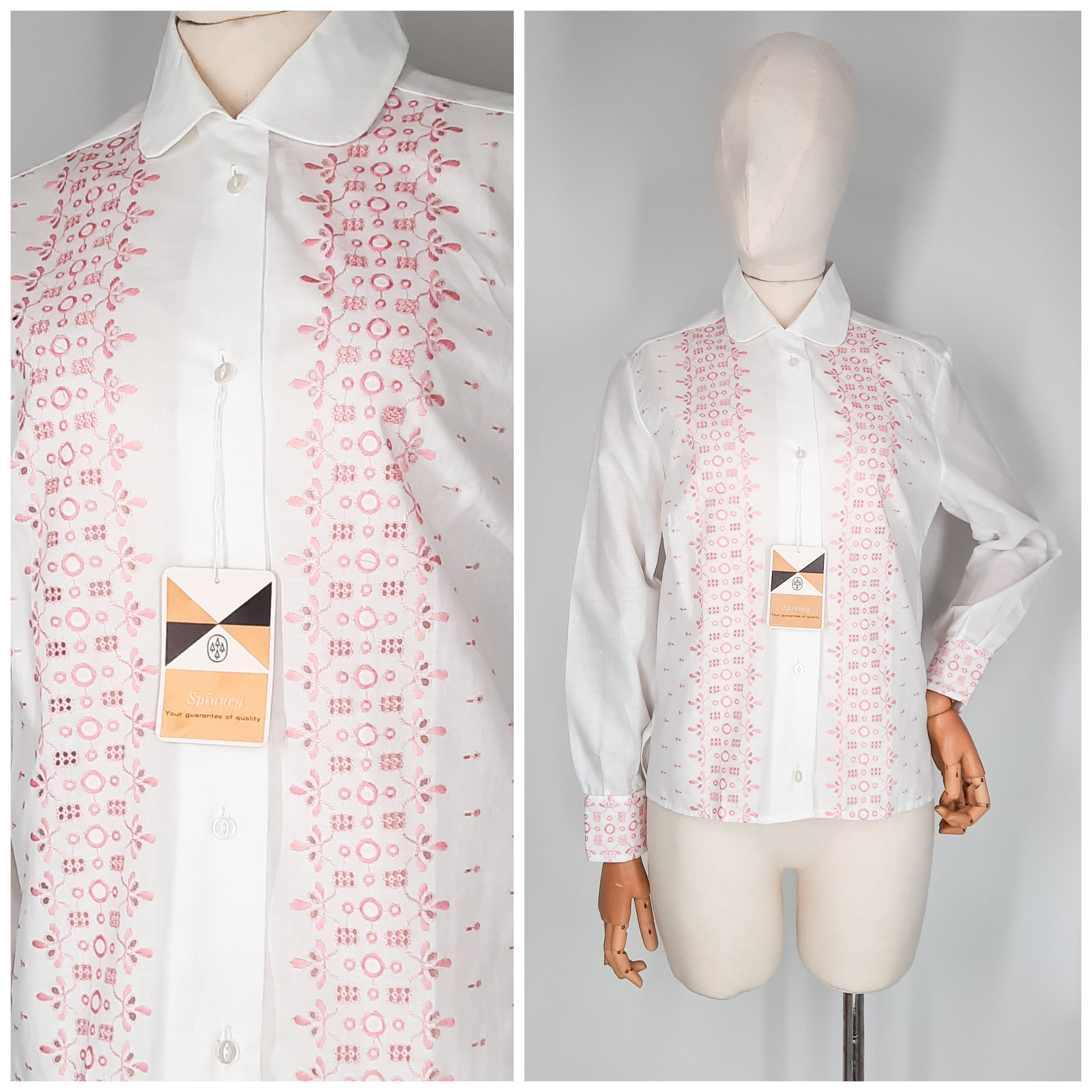 トップス 1950's Euro white cotton blouse Vintage 50's / 60's White Cotton Blouse Top With Pink