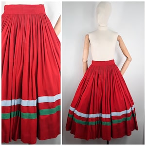 Vintage 50&#39;s Red Full Circle Skirt with Stripe Border Sz XXS to XS 1950s