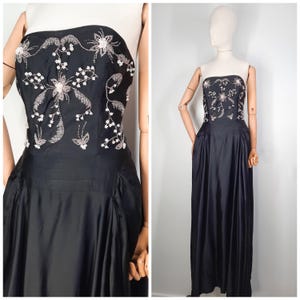 Vintage 50&#39;s Flower Beaded Bodice Black Evening Gown Dress by &#39;Chanelle&#39; Sz S 1950s