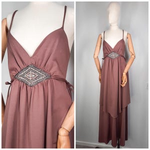 Vintage 70er Jahre Empire Linie Maxi Abendkleid Nerz Braun von &#39;Shubette&#39; Sz M 1970er Jahre