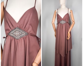 Vintage 70's Mink Brown Empire Line Maxi Evening Dress by 'Shubette' Sz M 1970s