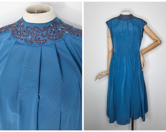 Vintage 50s / 60's Turquoise Blue Dress with Red Embroidery Detail to Neck Sz L 1960s 1950s VOLUP