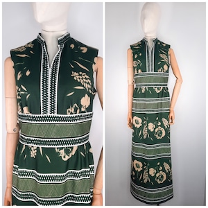 Vintage 70&#39;s Green Retro Floral Print Maxi Dress Sz S 1970s