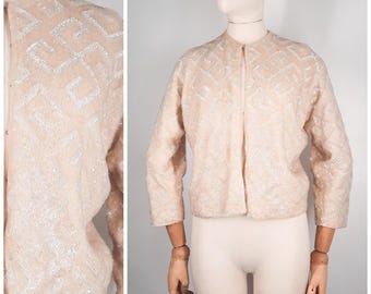 Vintage jaren 50 wollen vest met lovertjes en kralen, maat S tot M, jaren 50