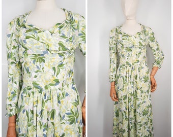 Vintage 40's Green, Yellow & White Floral Dress Rayon Jersey Sz XXS 1940s