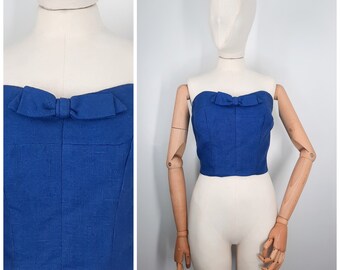 Vintage 50's Blue Strapless Bustier Suntop Top Blouse with Bow Sz S 1950s