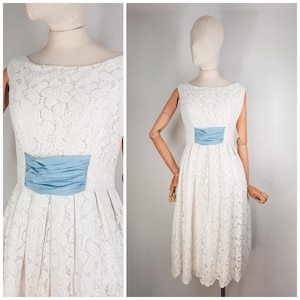 Vintage 50&#39;s/60&#39;s White Lace Dress 1950s 1960s Wedding Midi Dress Sz S 1950s 1960s