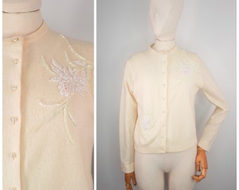 Vintage 50's Cream Flower Beaded Cardigan Sweater Sz S to M 1950s