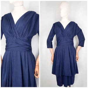 Vintage 50's Navy Wiggle Dress with Peplum Sz XS 1950s
