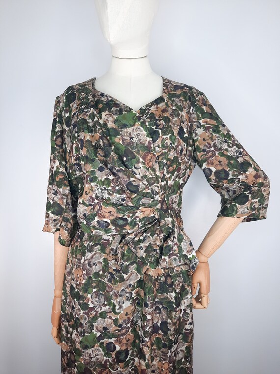 Vintage 60's Green Floral Sleeved Shift Dress Sz … - image 3