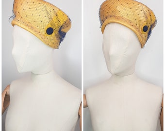 Vintage 40's / 50's Yellow & Navy Statement Straw Hat with Netting by 'Jacoll' 1940s 1950s