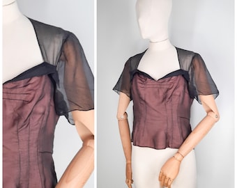 Vintage 40's Pink & Black Sweetheart Neckline Top Blouse Sz S 1940s