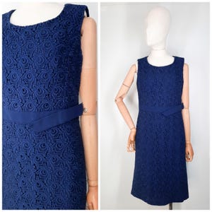 Vintage 60&#39;s Navy Blue Lace Sleeveless Dress Sz M 1960s