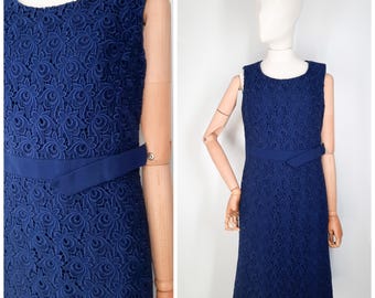 Vintage 60's Navy Blue Lace Sleeveless Dress Sz M 1960s
