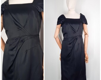 Vintage 50s Black Satin Wiggle Dress: Pin Up Cap Sleeves, Size M