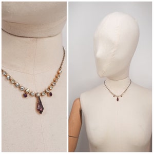 Vintage 50s Purple Diamanté Paste & Gold Tone Drop Necklace 1950s