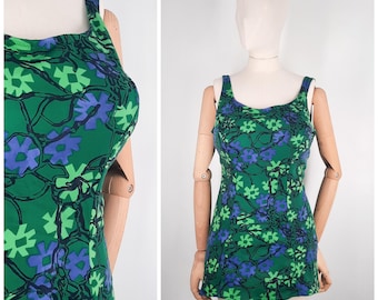 Vintage jaren 60 groene bloemenprint badpak met ronde hals, badpak maat XL, jaren 60 Volup