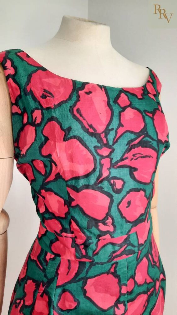 Vintage 50's/ 60's Bold Green & Red Wiggle Dress … - image 4
