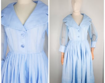 Vintage jaren '50 Baby Blue Pretty Sheer Day Sleeved Dress Sz XS jaren 1950