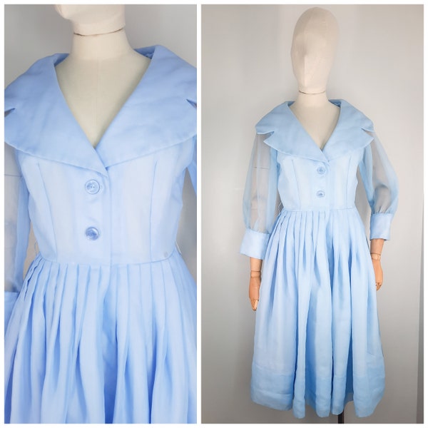 Vintage 50's Baby Blue Pretty Sheer Day Sleeved Dress Sz XS 1950s