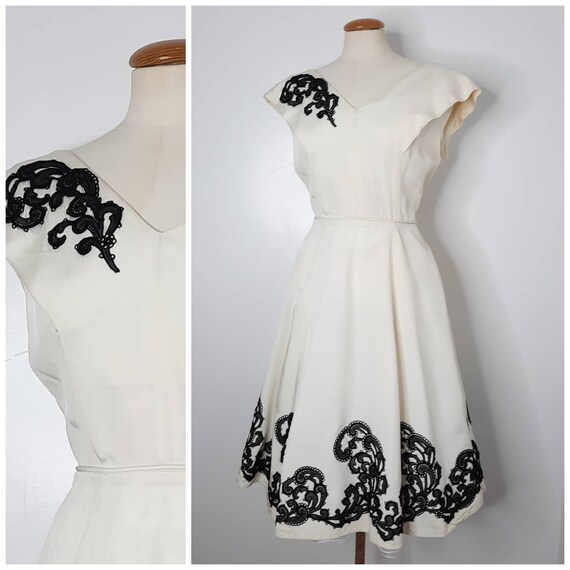 Vintage 50's Cream Appliqué Midi Dress Sz M
