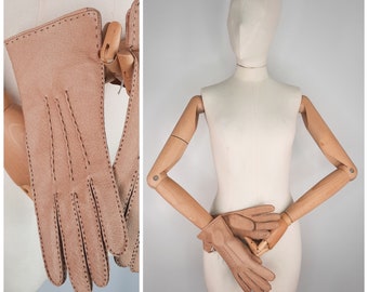Vintage 70's Brown Wrist Length Leather Gloves Sz 7 Small / Medium 1970s