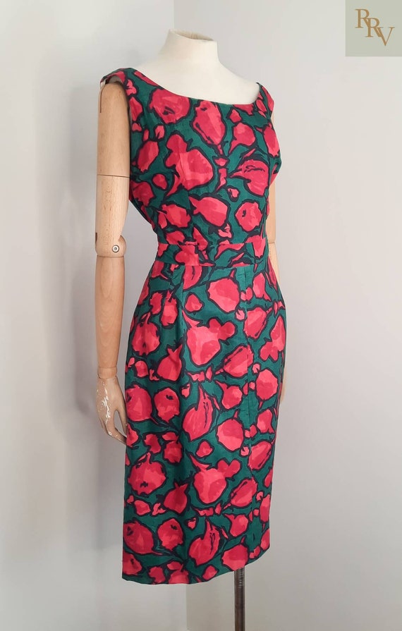 Vintage 50's/ 60's Bold Green & Red Wiggle Dress … - image 2