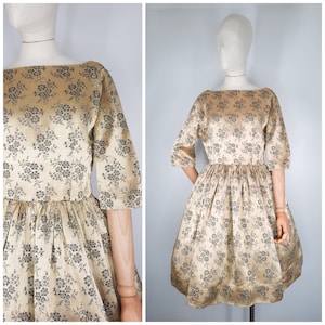 Vintage 50&#39;s Brocade Gold & Black Floral Cocktail Dress Sz XS 1950s