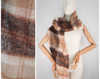 Vintage 60's Brown Checked Plaid Scottish Wool Scarf Shawl Wrap by 'Creagaran' 1960s